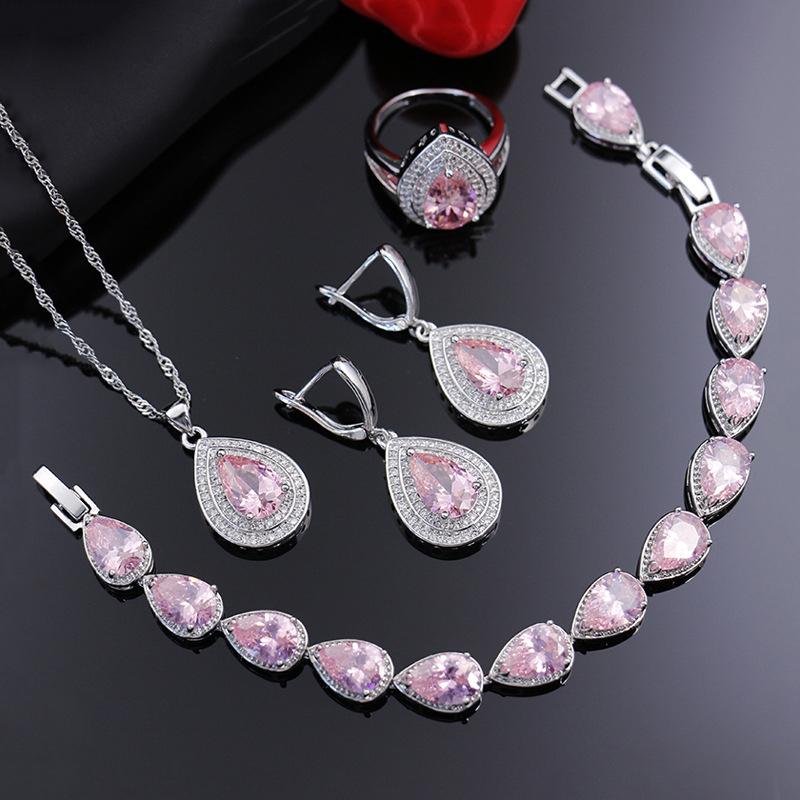 925 Silver Jewelry Set Water Drop Shape Zircon Gemstone Ring Earrings Pendant Necklace Bracelet for Women Wedding Gift