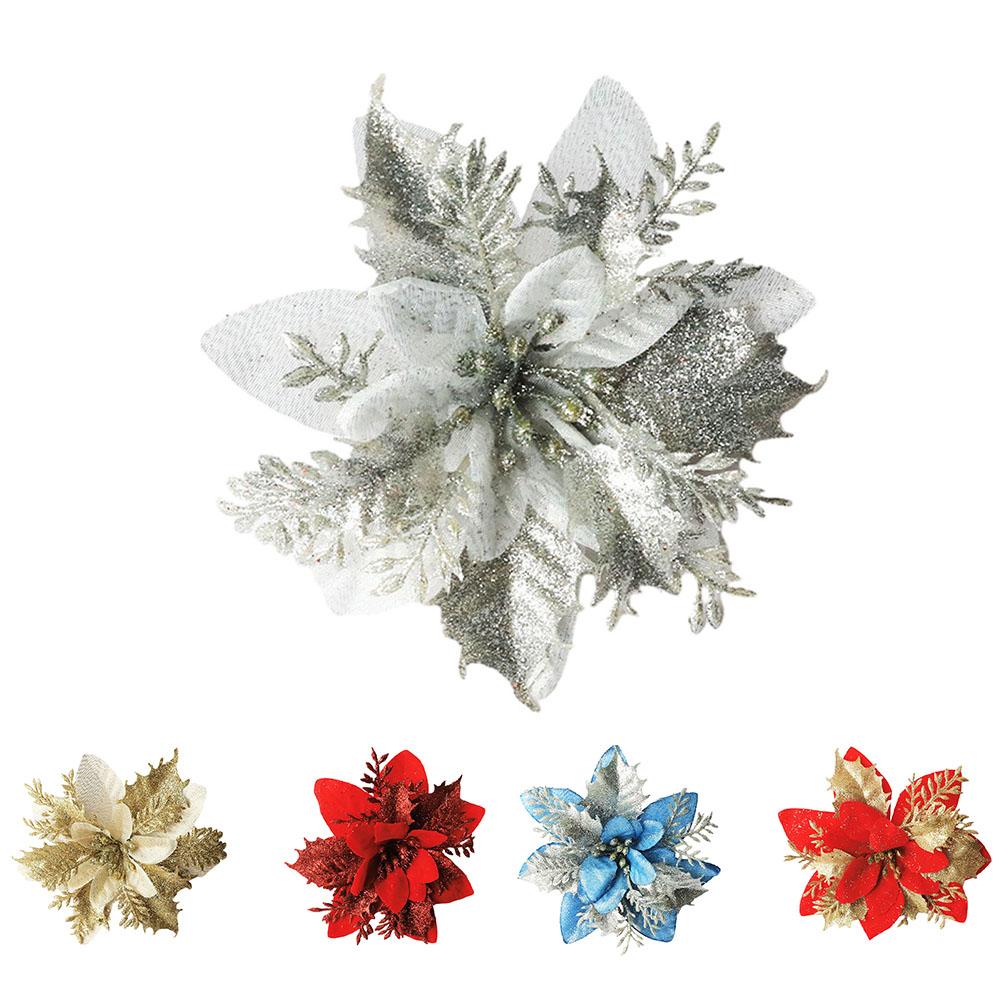Transform Your Christmas Tree with This Elegant Christmas Poinsettia Glitter Flower Hanging Xmas Party Tree Decoration