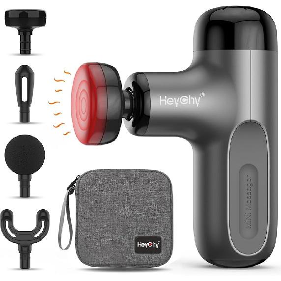 Mini Massage Gun with Heat, Deep Tissue Massage Gun, Portable Percussion Muscle Massager with 4 Massage Heads for Athletes Heat