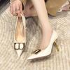 2026 Early Spring Single Shoes Women's Shallow Mouth Stiletto, New Metal Buckle White High Heels, High-end Pointed Tip