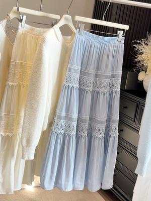 French Chic Hollow Lace Splicing High-Waisted A-Line Skirt - Women's Early Spring Casual Slim Fit