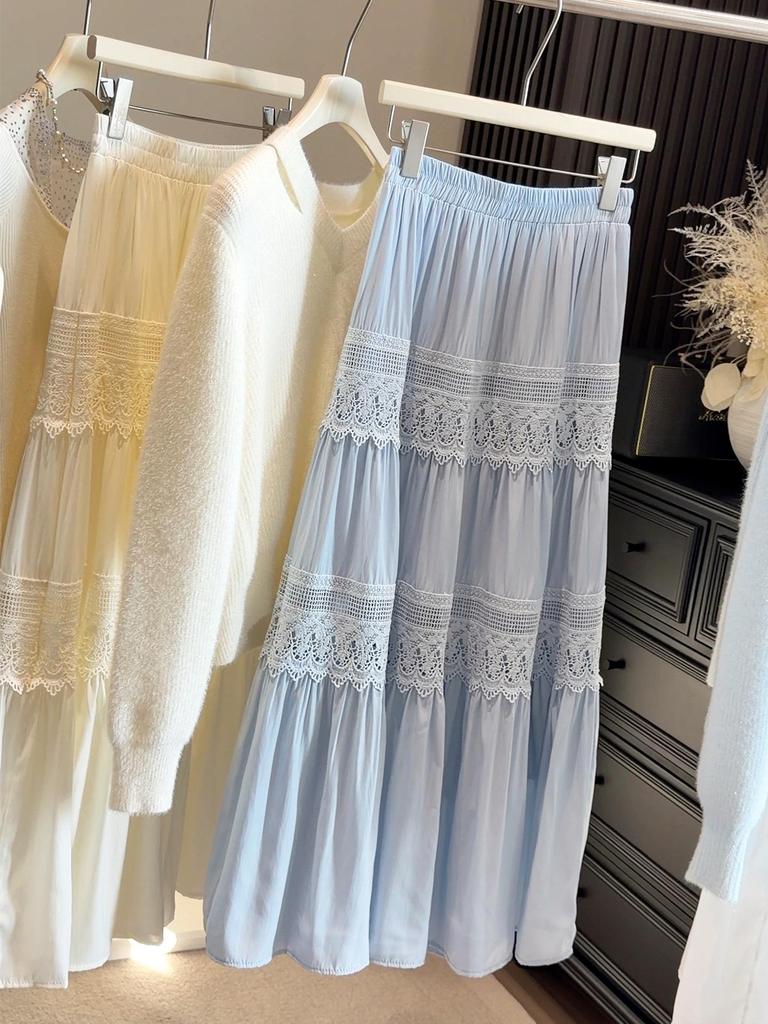 French Chic Hollow Lace Splicing High-Waisted A-Line Skirt - Women's Early Spring Casual Slim Fit