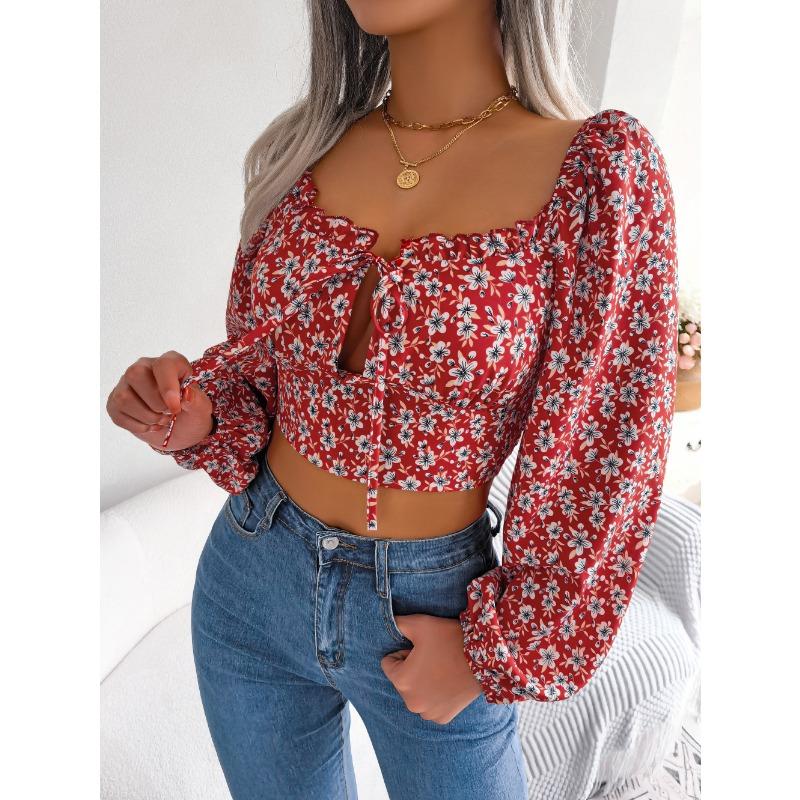 Sexy Fungus Lace Up Floral Chiffon Crop Top for Women
