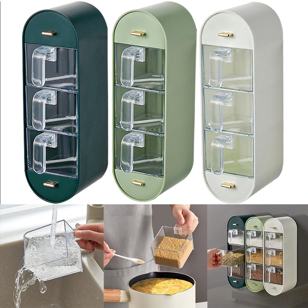 Wall Mounted Spice Box with 5 Compartments and Handles Sugar Salt Container Set Clear Seasoning Container Boxes Kitchen Supplies
