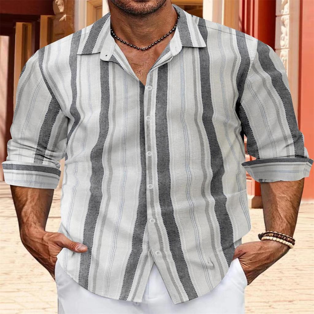 Men's Summer Fashion Casual Men's Striped Shirt Casual Loose Long Sleeved Shirt