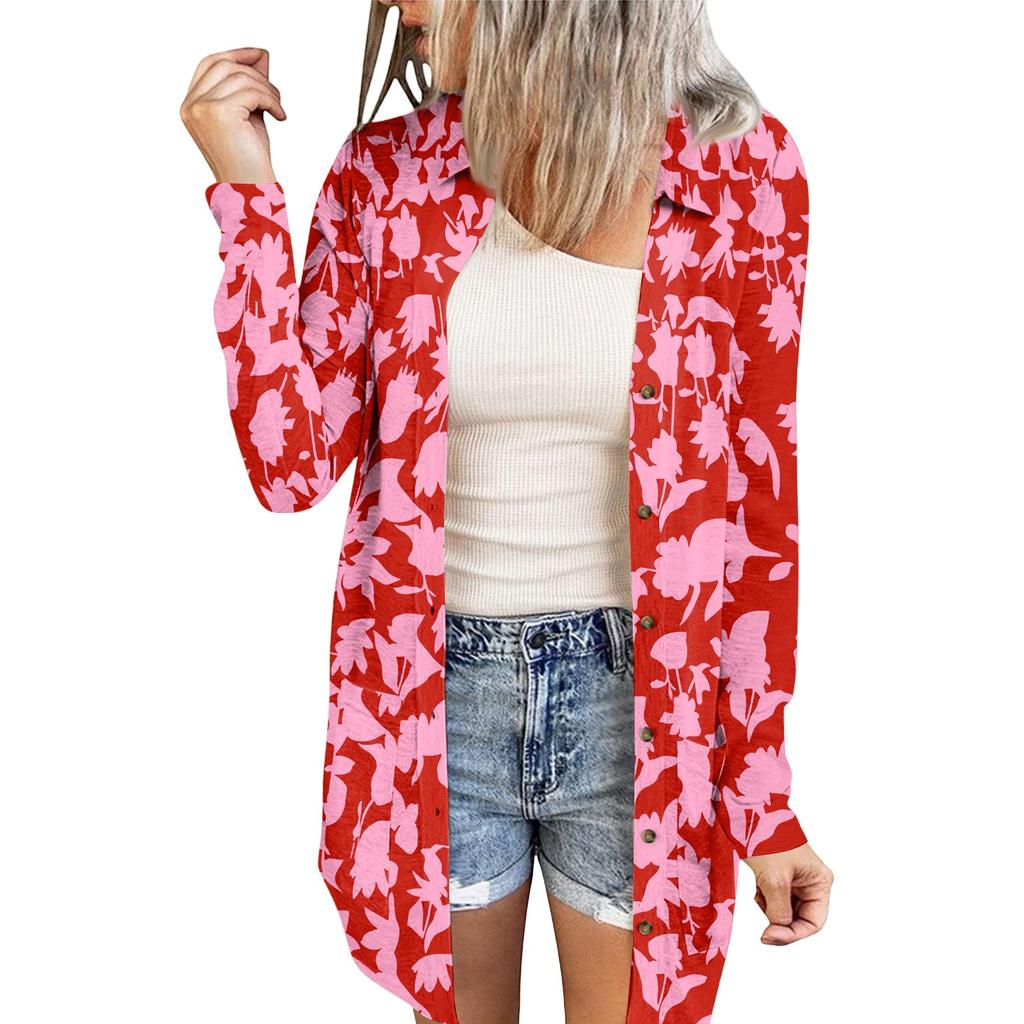 Women's Casual Fashion Floral Print Long Sleeve Mid-Length Cardigan Jacket