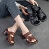 Johnature Hollow Out Breathable High Heel Slippers Genuine Leather Peep Toe Casual Slides Versatile Women Shoes