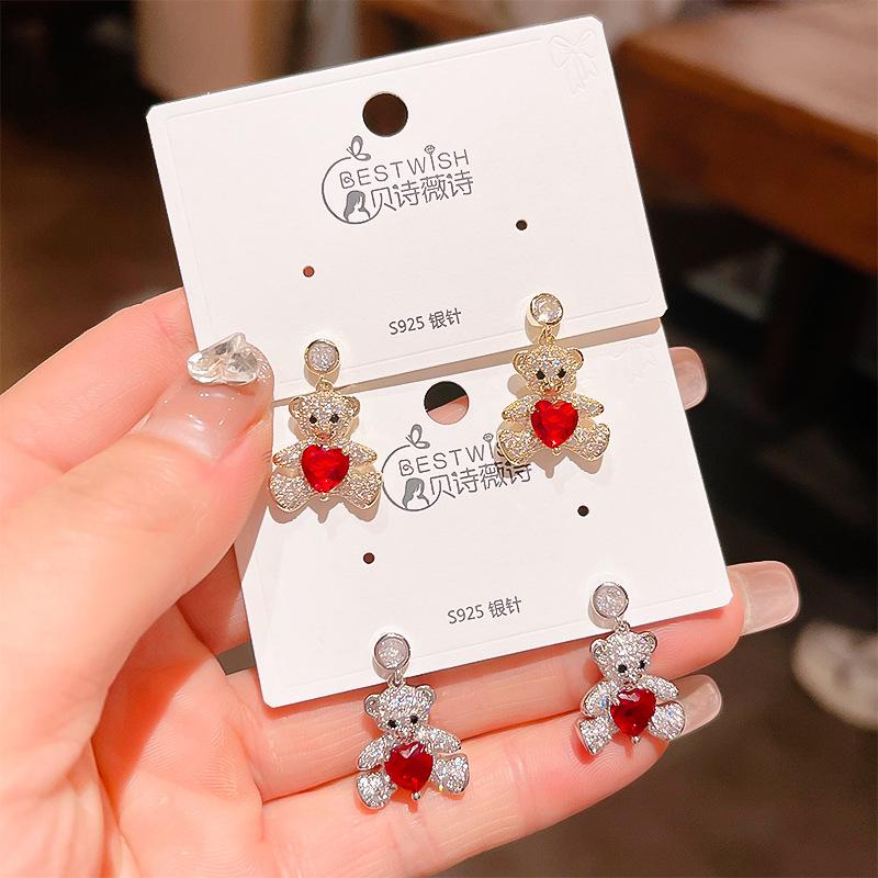 

Red love bear temperament earrings for women ins style light luxury micro-inlaid earrings