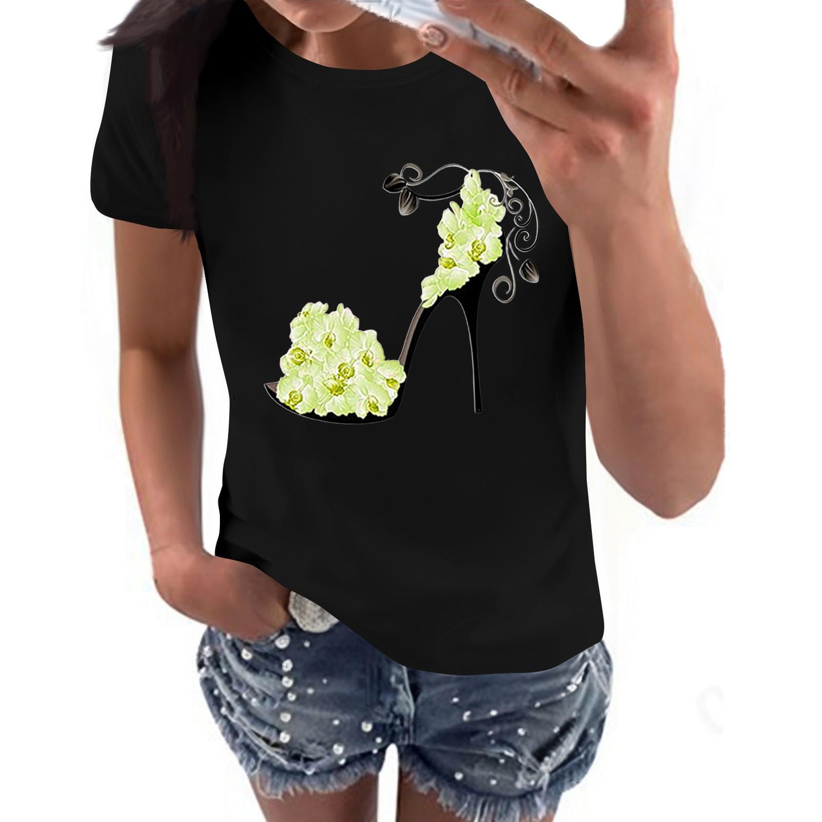 

Женские повседневные туфли на высоком каблуке с цветочным принтом, повседневная футболка с коротким рукавом, пуловер с круглым вырезом, топ с коротким рукавом L чёрный
