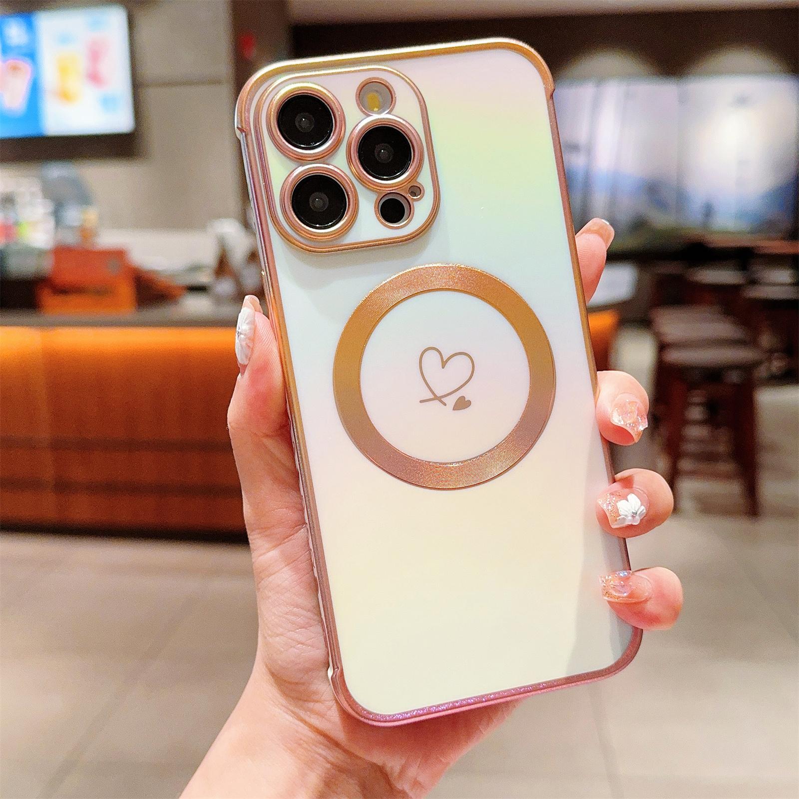 

For iPhone 14 Pro Max Case Magnetic Electroplating TPU Phone Cover Love Heart Pattern Colorful White