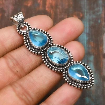Beautiful Swiss Blue Topaz Gemstone  Handmade  925 Sterling Silver Jewelry Pendant