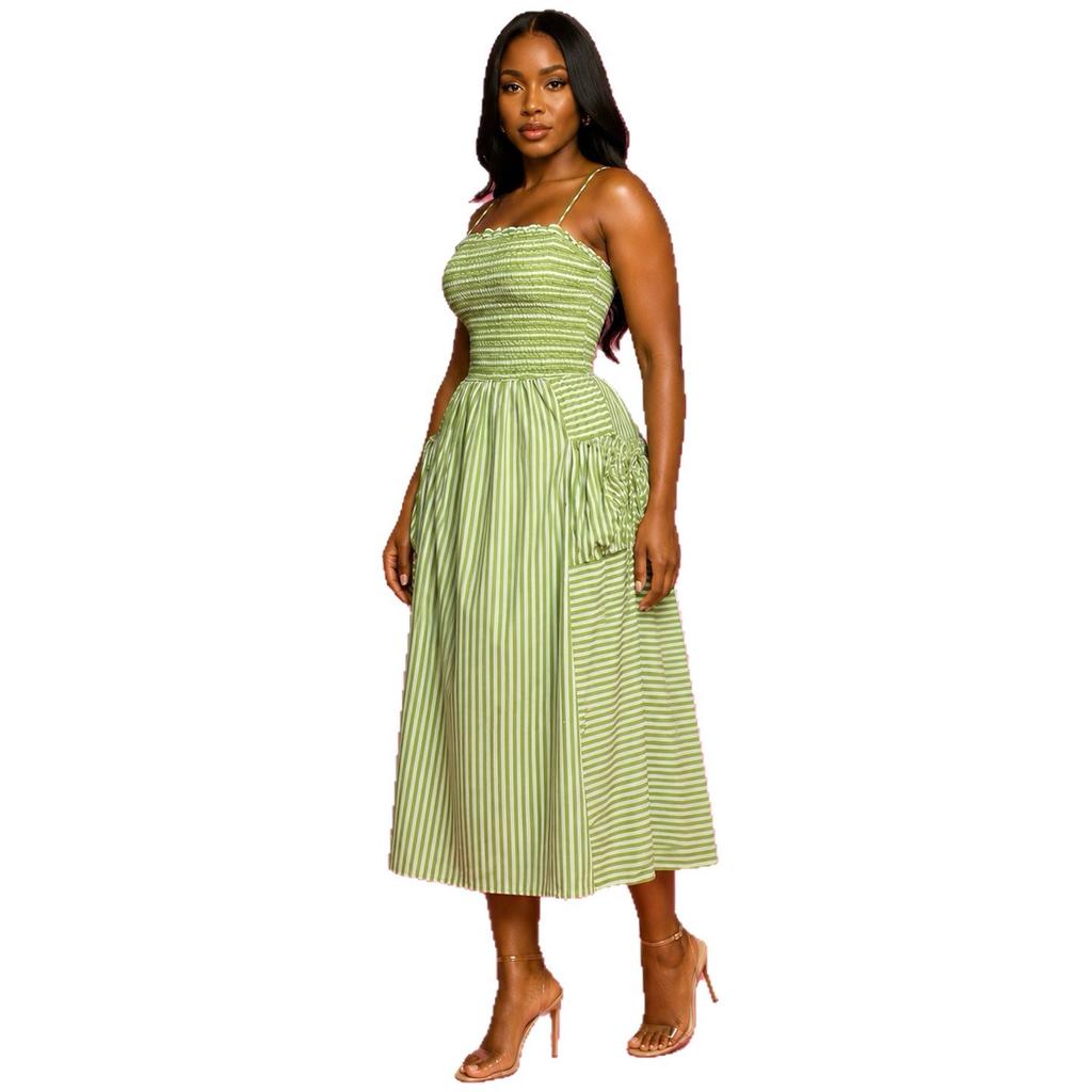 European and American Summer New African Women's Clothing Sweet Wind Striped Suspender Waist Dress Women
