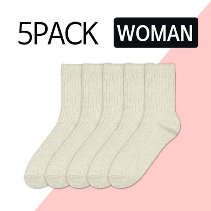 [5PACKS] Women s Plain Basic Mid-Calf Socks - Oatmeal Oatmeal 5-pack
