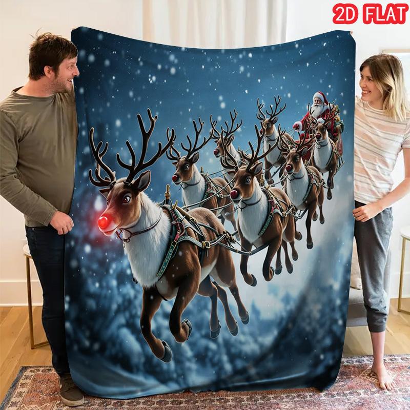 Santa Sleigh Reindeer Christmas Blanket, Santa & Rudolph Winter Snow Print Flannel Throw Blanket for Sofa Bedroom Holiday Decor