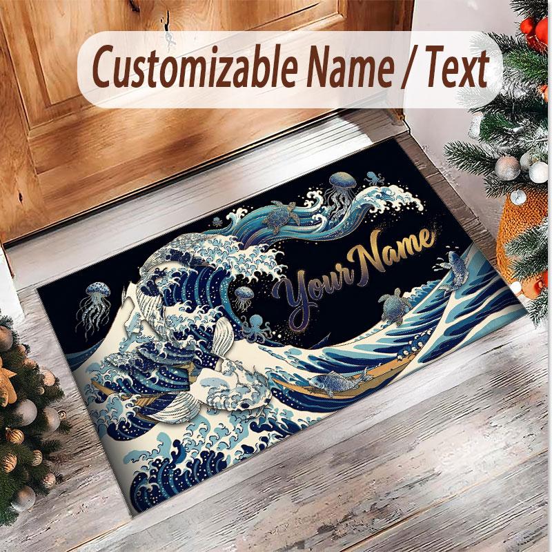 Fish Ocean Theme Soft Crystal Velvet Rug Custom Name & Text Print Non Slip Floor Rug for Bedroom Living Room
