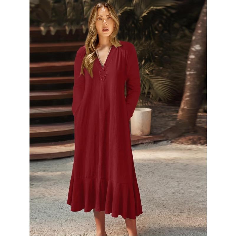 Spring and Autumn Women's Dress Plus Size Solid Colour V-Neck Tie Long Sleeve A-Line Long Dresses