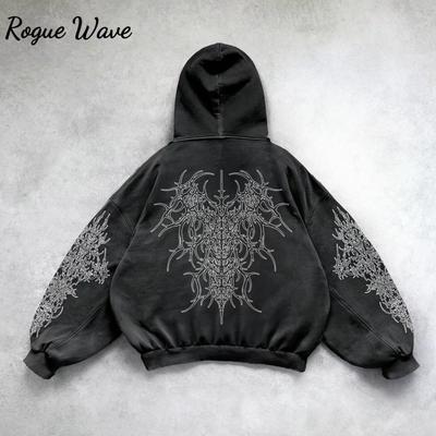 RogueWave Harajuku Y2K Vintage Punk Cor Sólida Estampado Moletom Casual Masculino Moda Gótica Americana Casal Moletom Casual