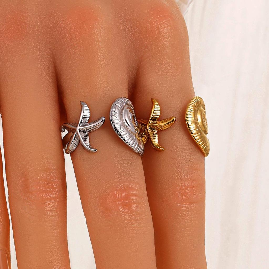 Stylish Ocean Animal Ring: Starfish & Seashell Design, Stainless Steel, Adjustable Open Band