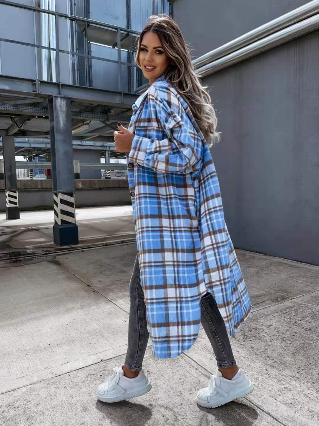 

2021 Women s Autumn/Winter Fashion Extra Long Plaid Coat - European & American Style Large синій