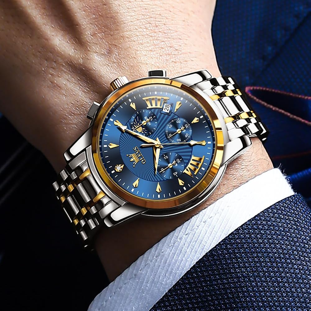 OLEVS Men's Chronograph Watch Blue Analog Waterproof Quartz Business Style Large Display