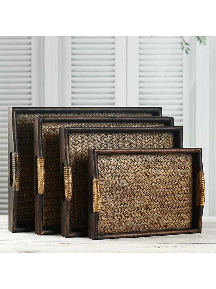 Thai Style Rattan Wooden Tray Southeast Asian Beauty Salon Hotel Tea Cup Storage Serving Tray