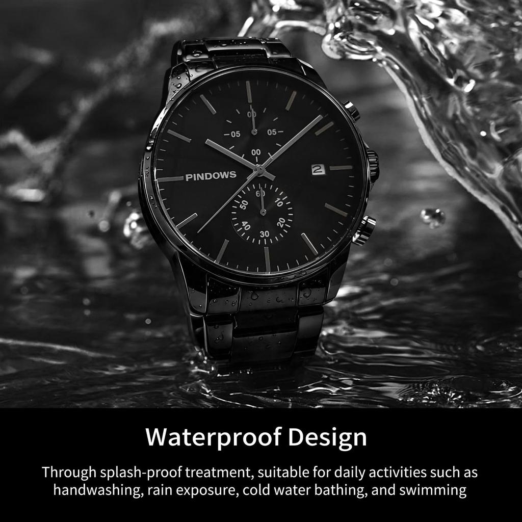 PINDOWS Stainless Chronograph Quartz Watch with Automatic Date Function Men's Watch, Fashionable, Minimalist, Business, Durable, Steel, Waterproof,
