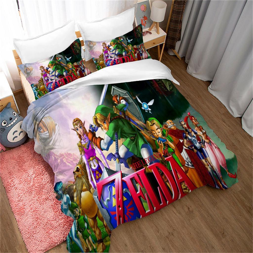 Legend of Zelda Santa Claus Christmas Tree Reindeer Anime Printed Bedding Set Duvet Cover Queen Cotton Cute Cartoon Quilt Cover