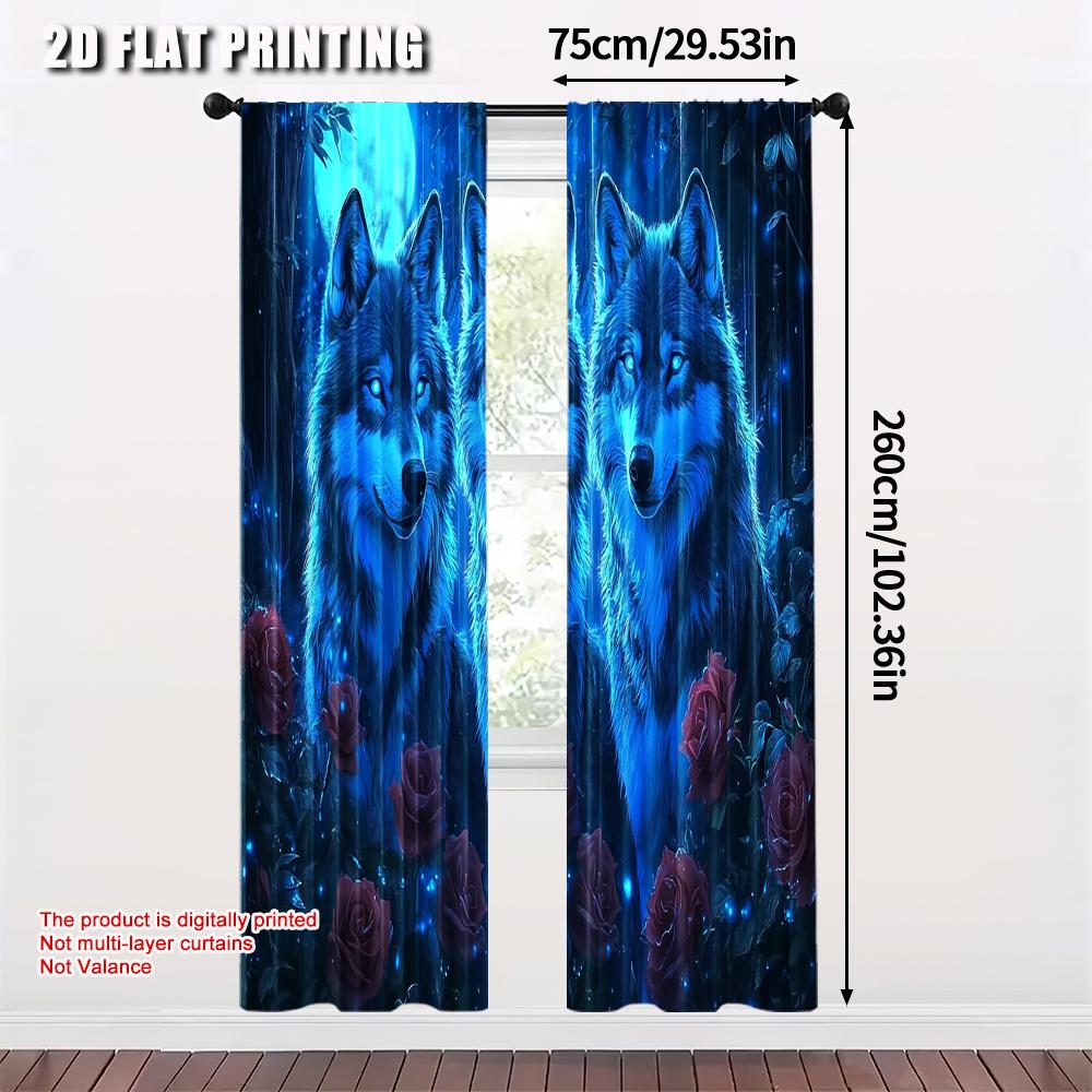 2pcs   Popular Curtain Panels 2D plane printing Mystical Wolf & Blue Roses Polyester (without rod) Decorations For Home for Home