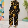 Women Plus Size Black Gold Silver Printed Round Neck Long Sleeve Top Wide Leg Pants Two Piece Set