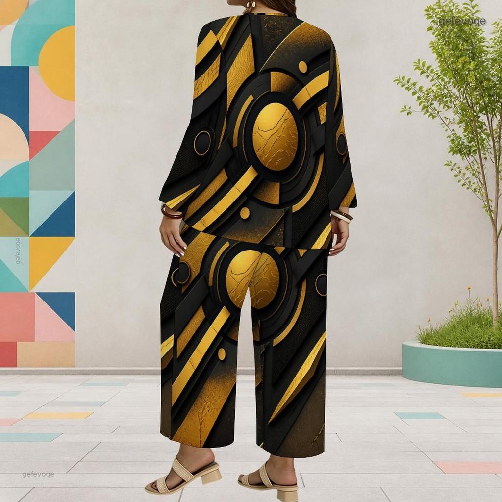 Women Plus Size Black Gold Silver Printed Round Neck Long Sleeve Top Wide Leg Pants Two Piece Set