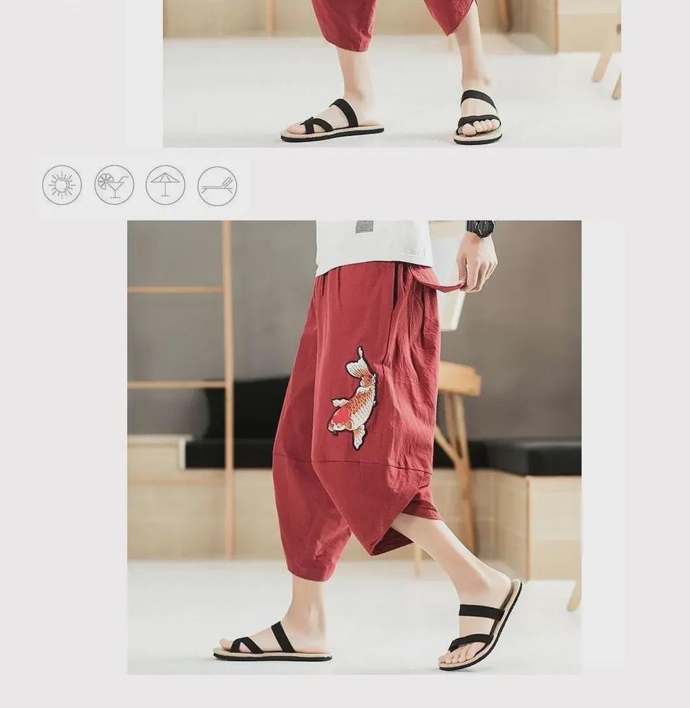 Herren Sommer Leinen Cropped Hose: Weitbeinige, lockere, trendige Harem-Strandshorts, lässiger chinesischer Stil.