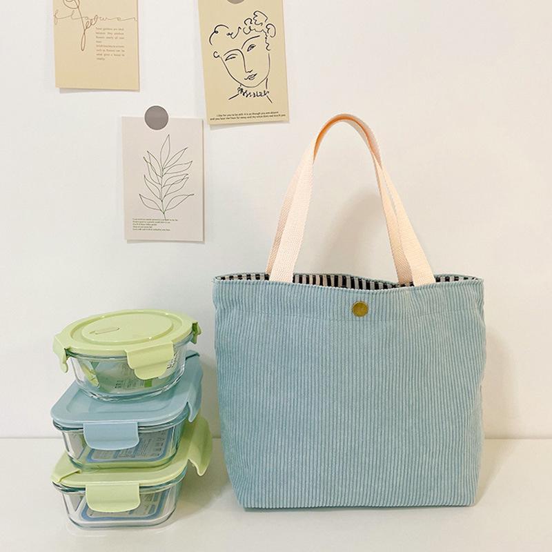 Borsa termica per il pranzo in velluto a coste tinta unita, portatile e con portaombrello