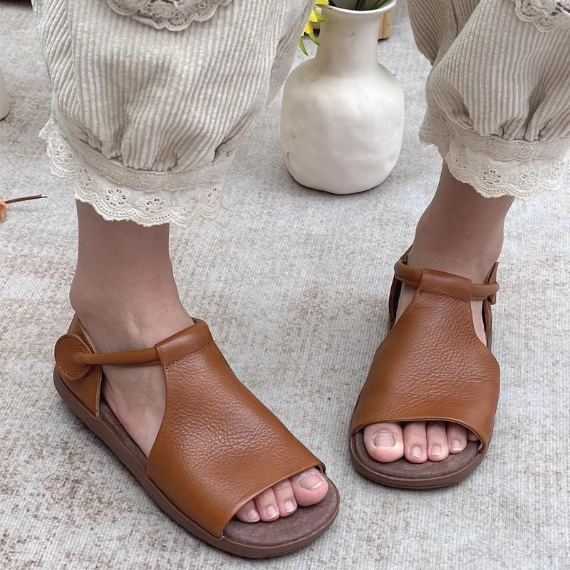 GKTINOO Genuine Leather Peep Toe Flat Sandals 2025 Summer New Retro Handmade Cowhide Soft Sole Solid Color Women's Shoes