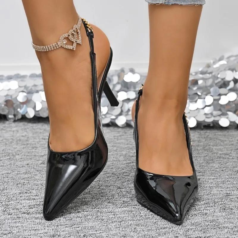 2025 Plus Size Women's Slingbacks High Heel Chain Metal Decoration Pointed Toe Thin Heel Slip on Pumps for Party & Dress