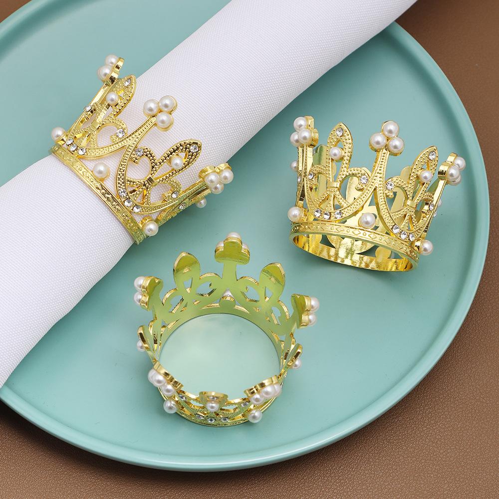 10pcs/lot New simulation crown napkin ring pearl diamond napkin ring wedding table setting table napkin buckle cloth ring