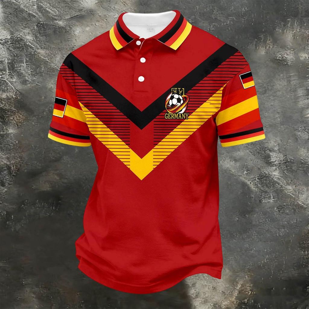 Unisex Casual Loose Fit Short Sleeve Polo Shirt with Germany Inspired Graphic Print and Button Collar for Everyday Wear