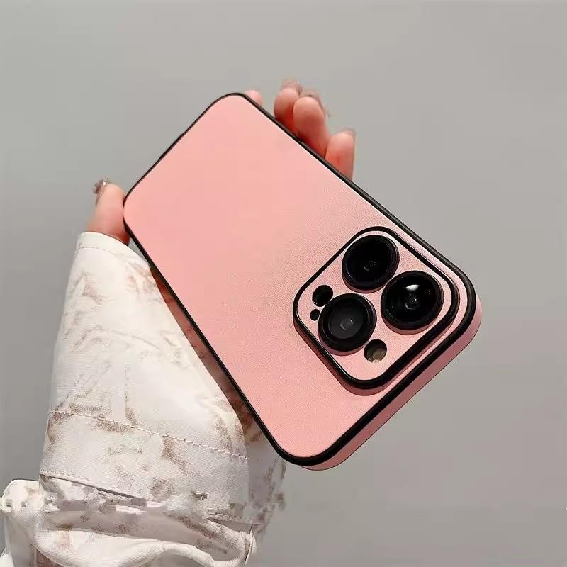 Solid Leather Texture Full Coverage Phone Case With Built In Lens Film For Apple Iphone