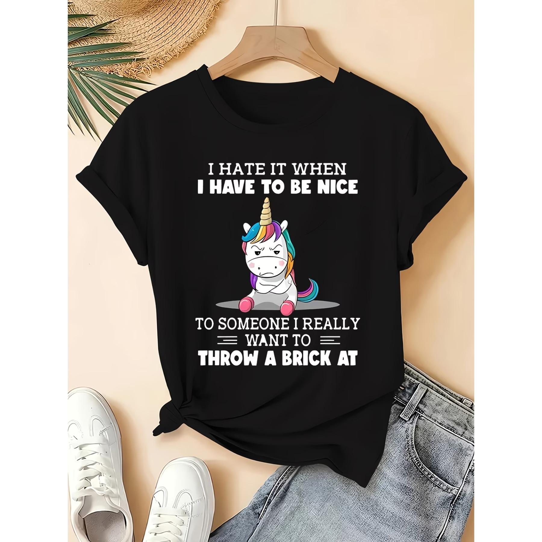 

Women S Animal Letter Short-Sleeved Easy Drawing Sulking Unicorn English Letter Cute T-Shirt Commuting Vacation Daily Versatile Retro Style Top XXL чорний