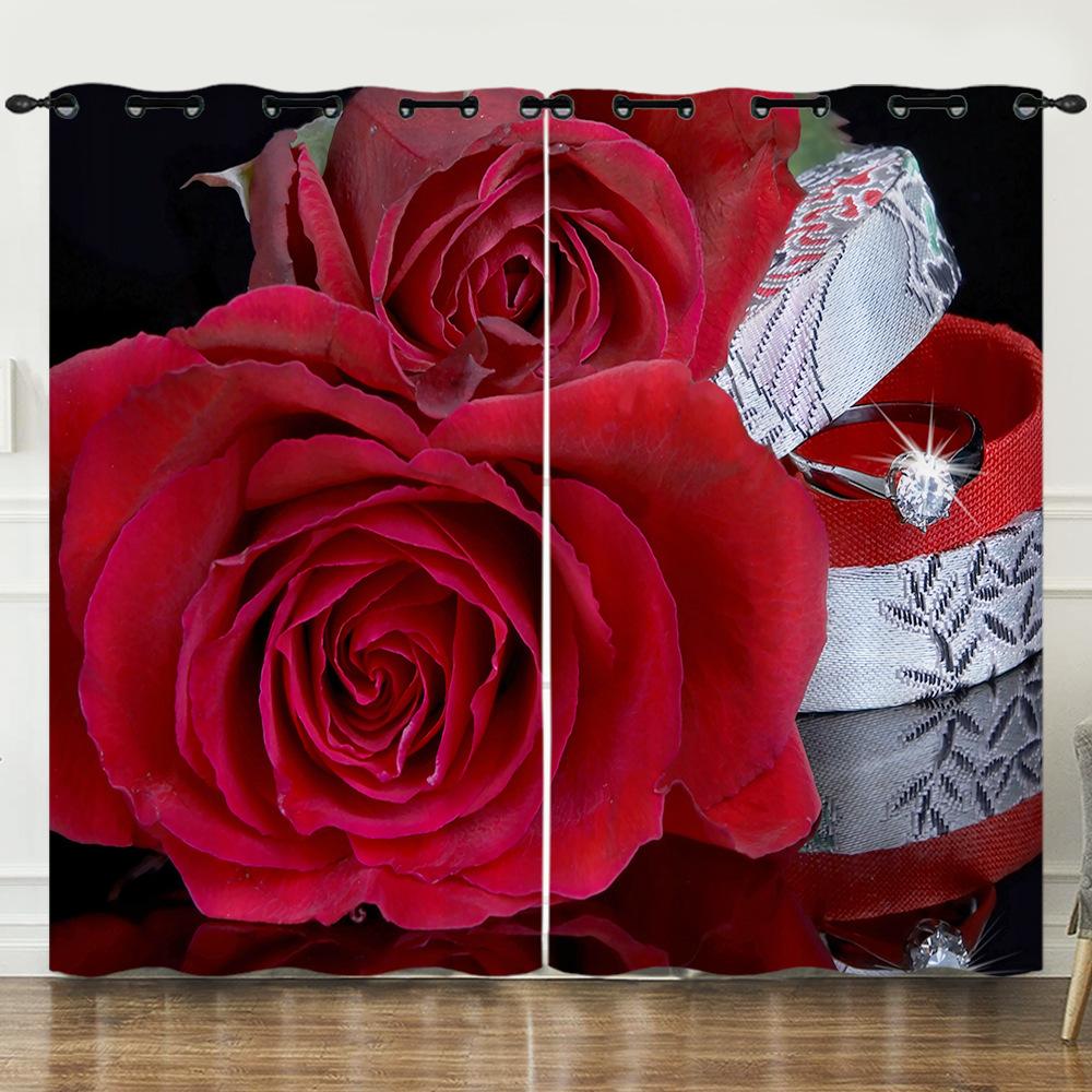 Curtains Flowers Roses Plants Flowers 3D Digital Printing Blackout Curtain Punching