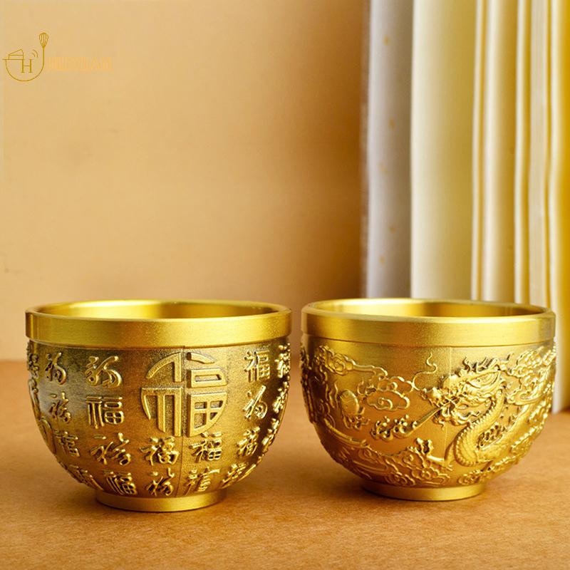 Cilindro di fenice portafortuna, tradizionale ornamento intagliato a mano in ottone, tazza da bere, ciotola in ottone Feng Shui, decorazione da tavolo