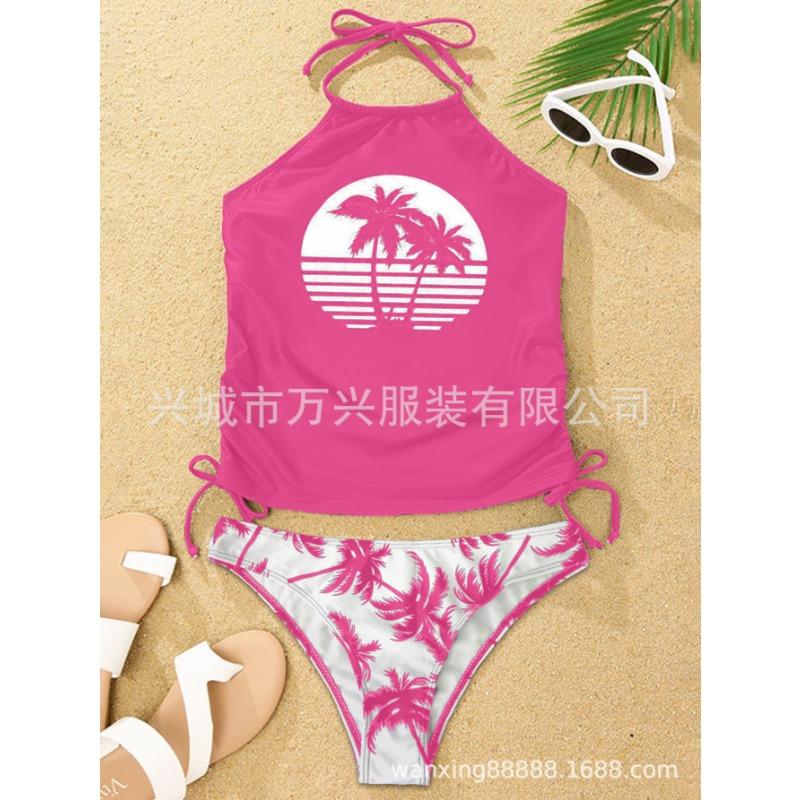 Women's Halter Tankini Swimsuit Two-Piece Palm Tree Print Beachwear with Adjustable Side Ties