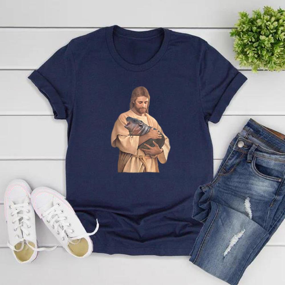 

Футболка с забавным мемом «Иисус держит Му Дэна, шуточная футболка с бегемотом», футболка с Му Дэном в подарок, винтажная футболка с коротким рукавом, милый топ с детенышем бегемота XXXL темно-синий