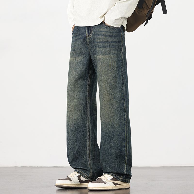 American Retro Trendy Brand Washed Old Jeans Men's Trend Fashion Loose Wide Legs Straight Daily Long Pants