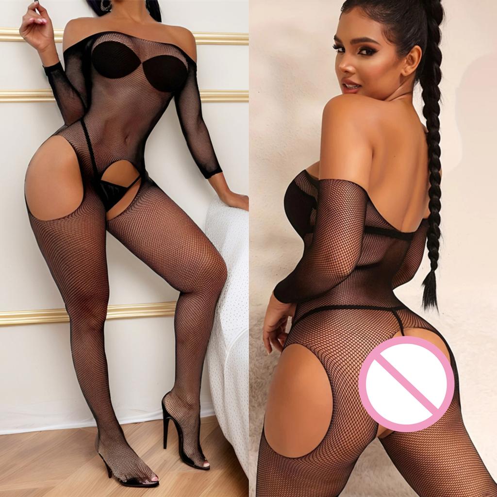 Rose Sexy Fishnet Bodysuit Erotic Crotchless Lingerie Cosplay Costumes Women Off Shoulder Full Body Stockings Mesh Sexy Costumes