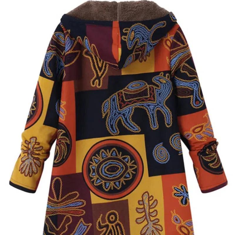 New Autumn Winter Women's Vintage Cotton Linen Coat, Thickened Zip-Up Hooded Jacket with Pockets and Floral Print