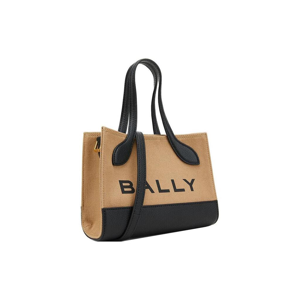 Bally Large Logo Casual Magnetic Closure Fabric And Leather Tote Bag Women Tote Sand Black 6304584