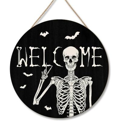 Wooden Skull Welcome Door Sign Front Door Hanger Decor Rustic Hanging Wreath Wall Sign Home Outdoor Wall Decor for Church Front Door Wall