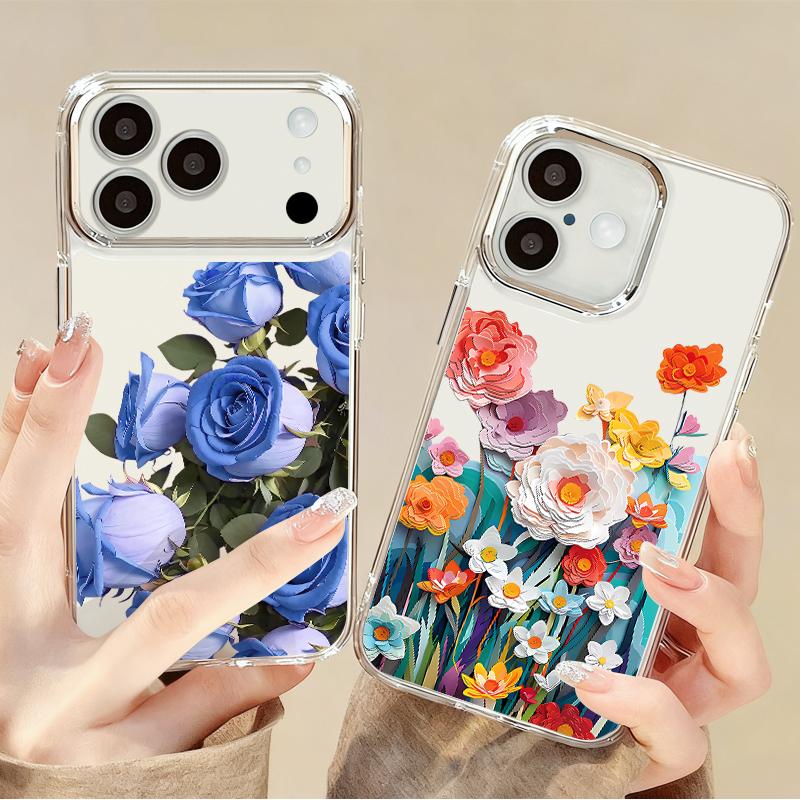 Colorful Flowers Print Case For iPhone 17 Pro Max iPhone 16 15 14 13 Pro Max 11 17e 16e Plating Lens Frame Clear Soft Silicone Back Cover