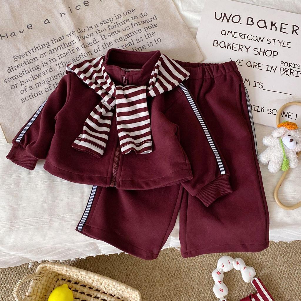 Mädchenmode Gestreifter Schal Burgunder Sweatshirt & Weitbein-Hosen Set, Herbst 2025 Kleinkind Zweiteiliges Freizeitoutfit
