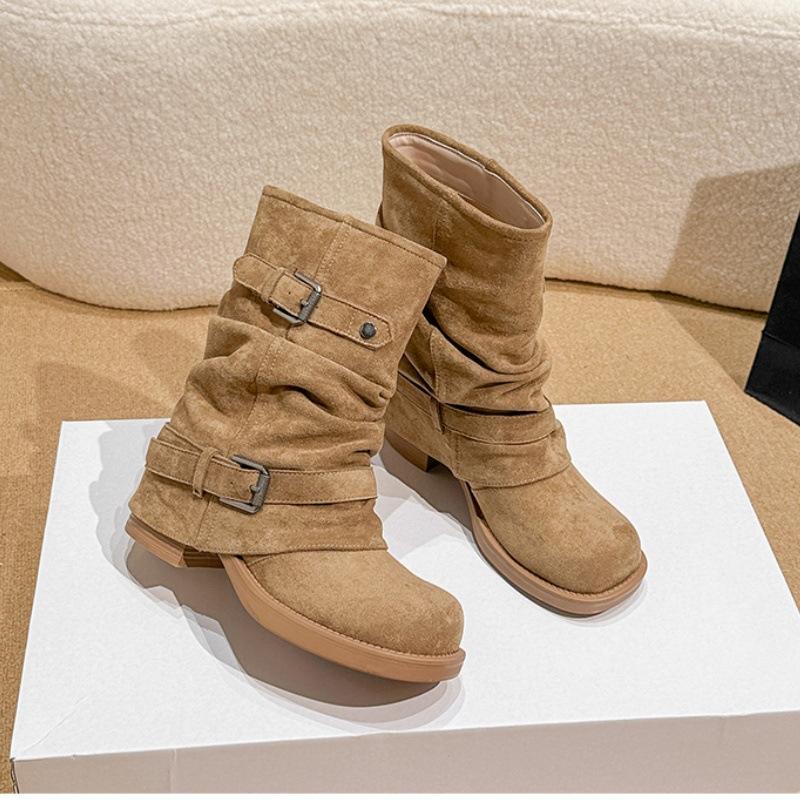 

Versatile version! Thick heel pleated pile short boots women s autumn and winter Maillard vintage western trousers Martin boots tide 40 абрикосовый